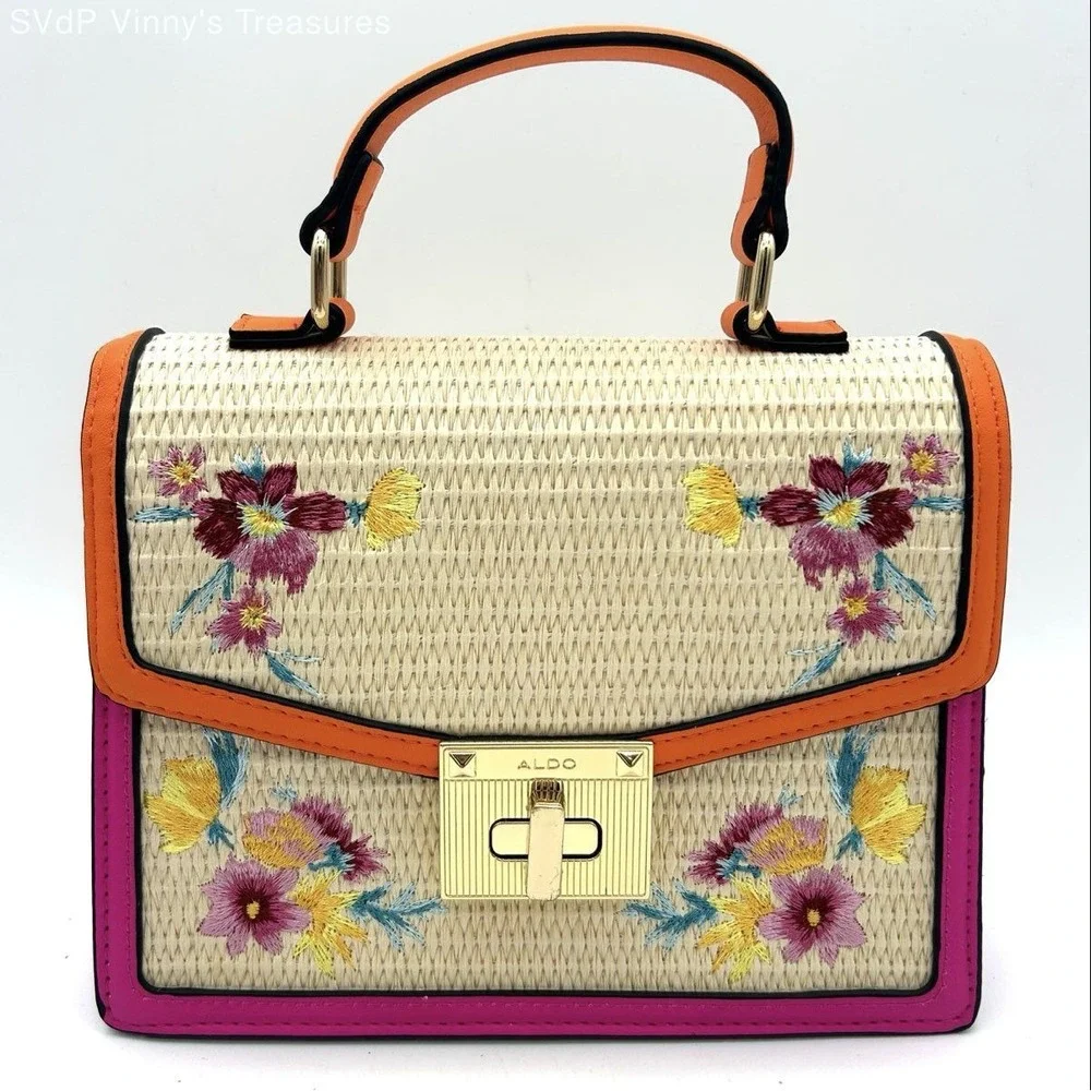 Aldo Women's Multicolor Straw Satchel Crossbody Bag Floral Embroidered New